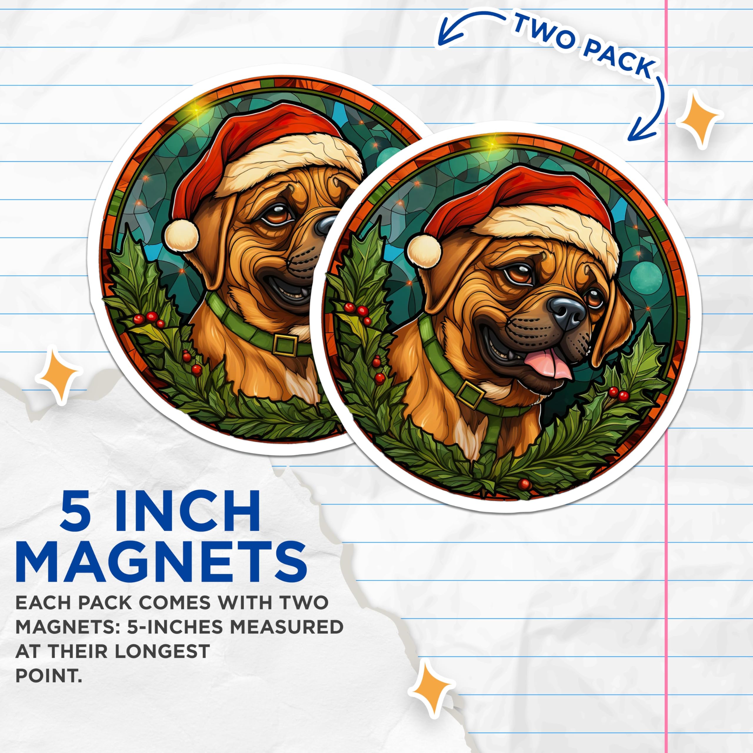 (2 Pack) Christmas Dog Magnets - Santa Hat Pet Fridge Decoration - Festive Stained Glass Animal Art - 5 Inches On Longest Side - Thick Durable Magnet - Made in USA - MAG24324