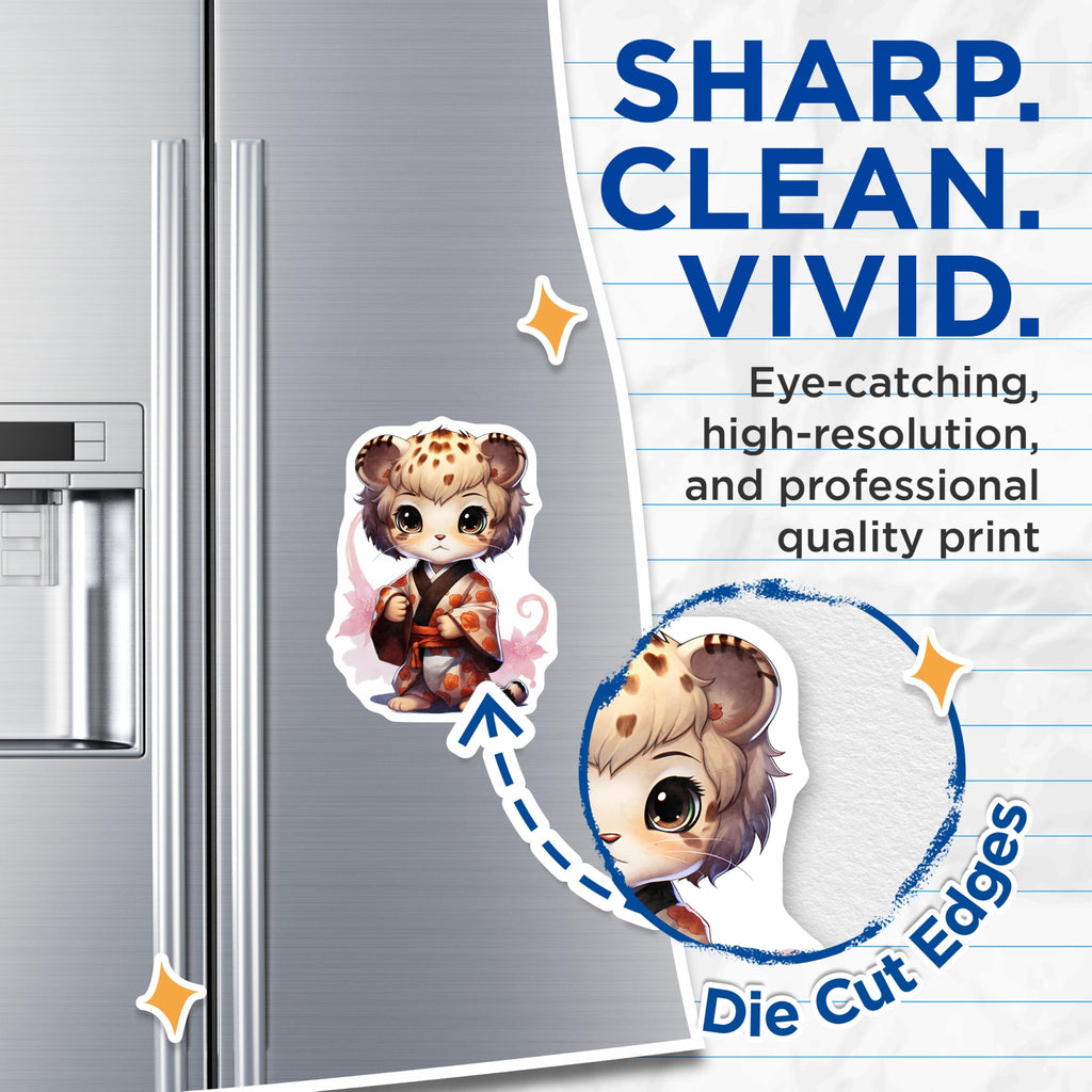 (2 Pack) Cute Snow Leopard Magnets - Anime Kitten Kawaii Art - Fridge Decor - 5" On Longest Side - Premium Magnet - for Cars, Refrigerators, Toolboxes, Lockers - Made in USA - MAG16535