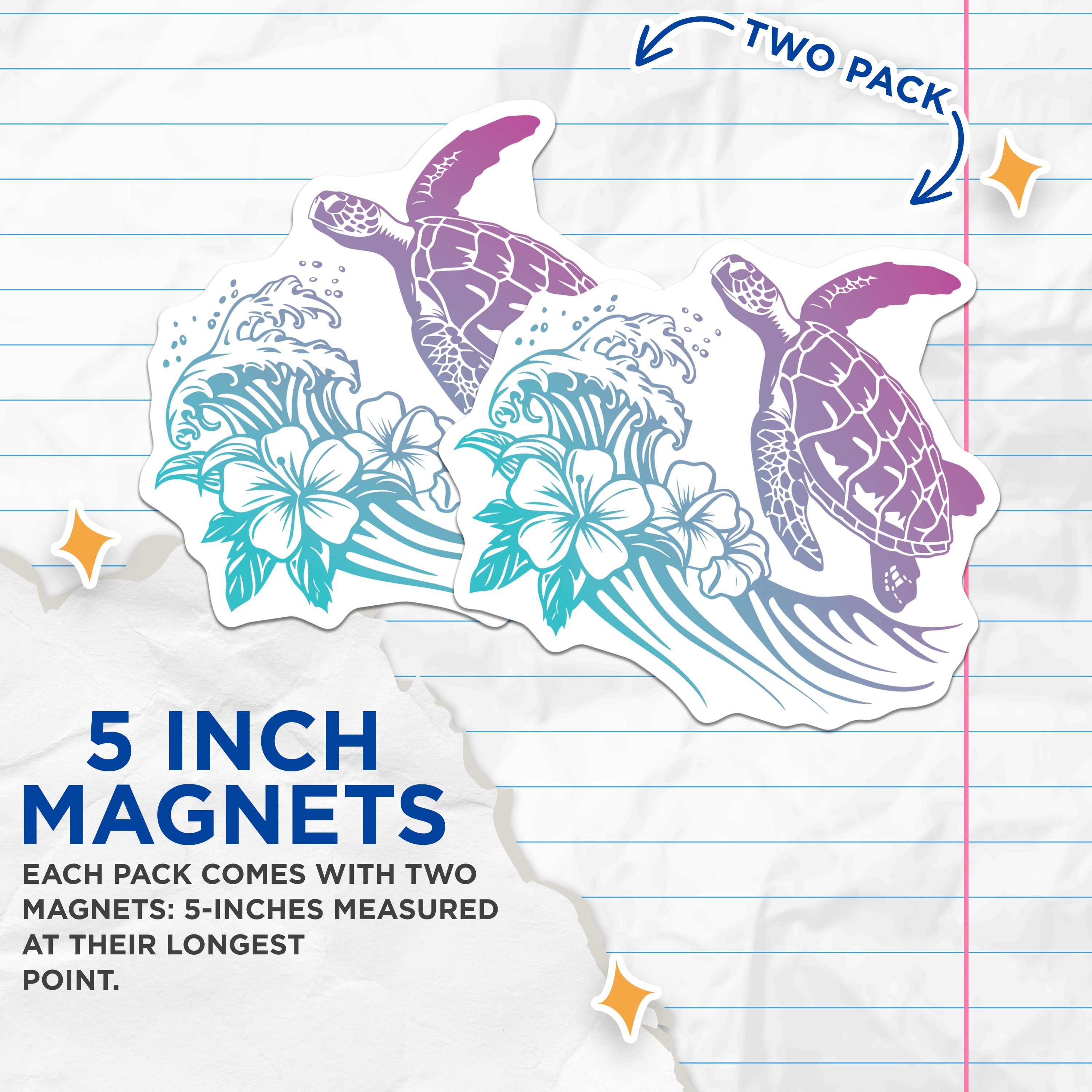 (2 Pack) Sea Turtle Ocean Magnets - Hawaiian Hibiscus Wave - Tropical Coastal Decor - Beach Lover Souvenir Magnet - 5 Inches On Longest Side - Thick Durable Magnet - Made in USA - MAG37803