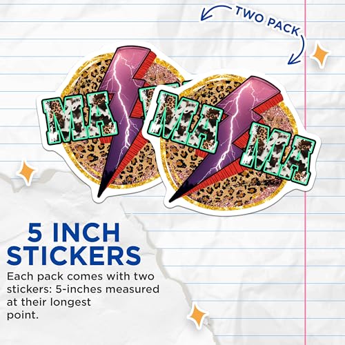 (2 Pack) Mama Lightning Bolt Stickers - Leopard Print - Animal Print Stickers - 5" On Longest Side - Sticks to Smooth Flat Surfaces - Made in USA - BMCS5617