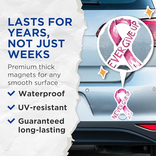 (2 Pack) Breast Cancer Awareness Magnets Magnets - Pink Ribbon - Never Give Up - 5" On Longest Side - Made in USA - Sticks to Refrigerators & Metal Surfaces - MAG9020