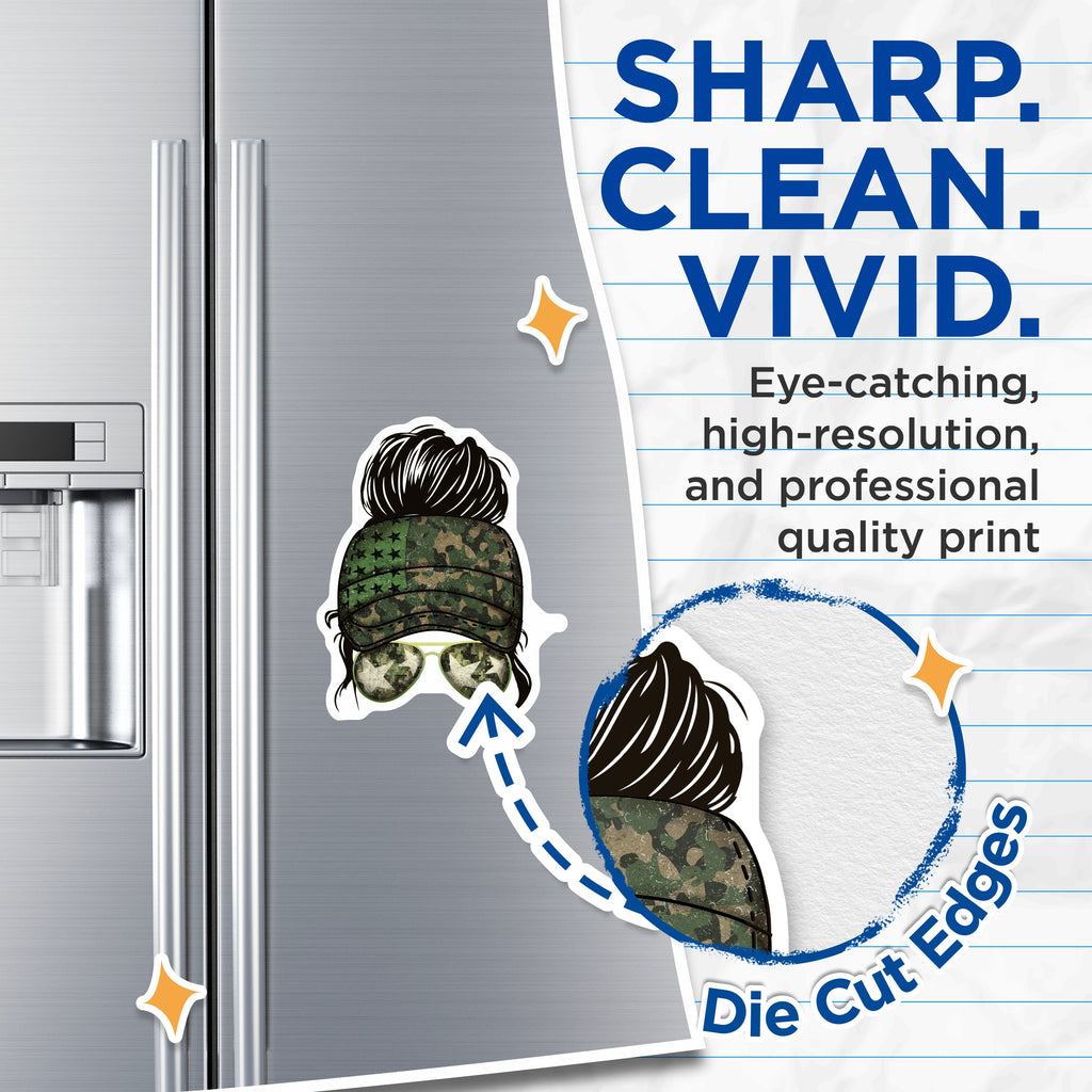 (2 Pack) Messy Bun Camo Magnets - Patriotic Woman Refrigerator Decor - Military Wife Support Items - 5 Inches On Longest Side - Thick Durable Magnet - Made in USA - MAG36717