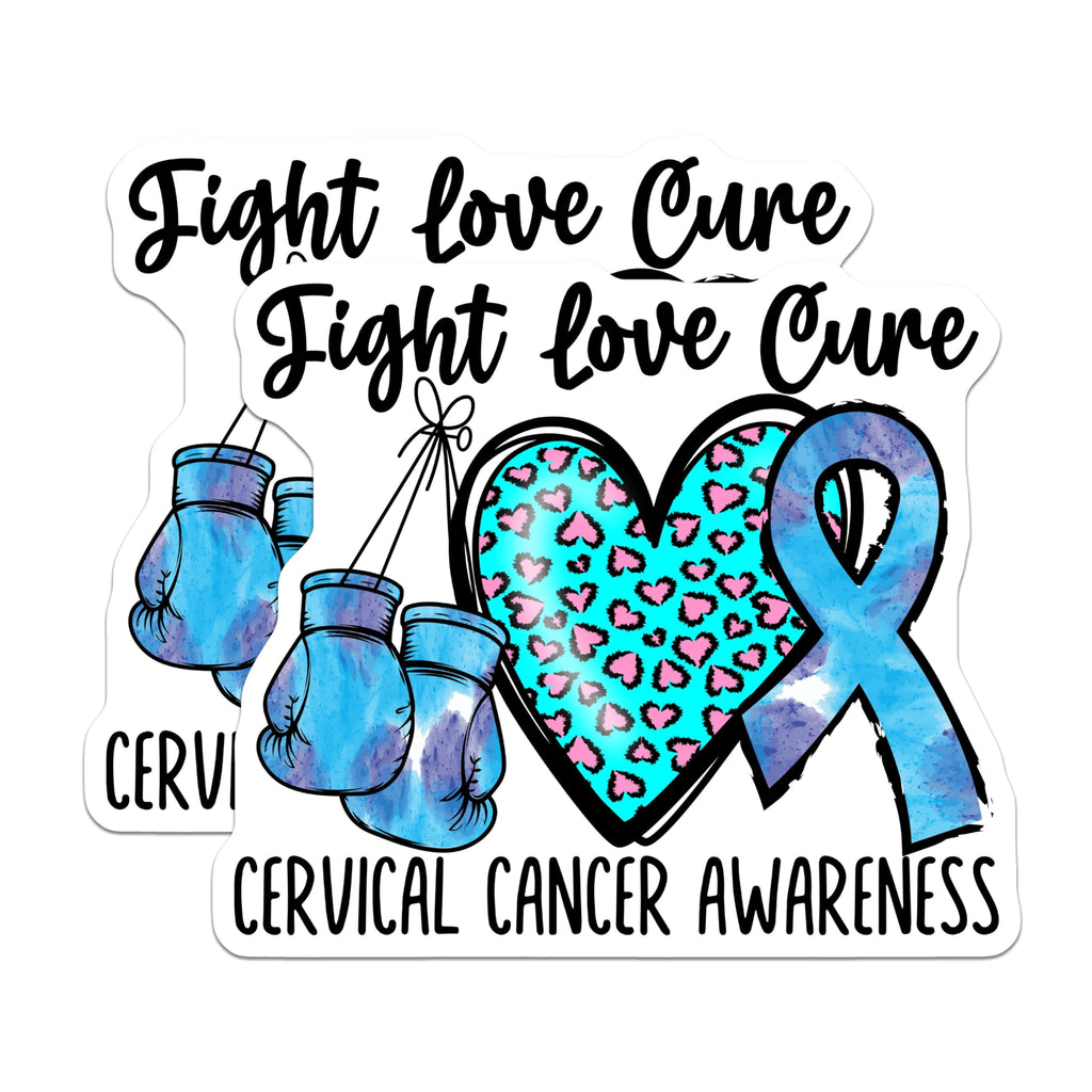 (2 Pack) Fight Love Cure Stickers - Cervical Cancer Awareness - Inspirational Stickers - 5" On Longest Side - Sticks to Smooth Flat Surfaces - Made in USA - BMCS4288