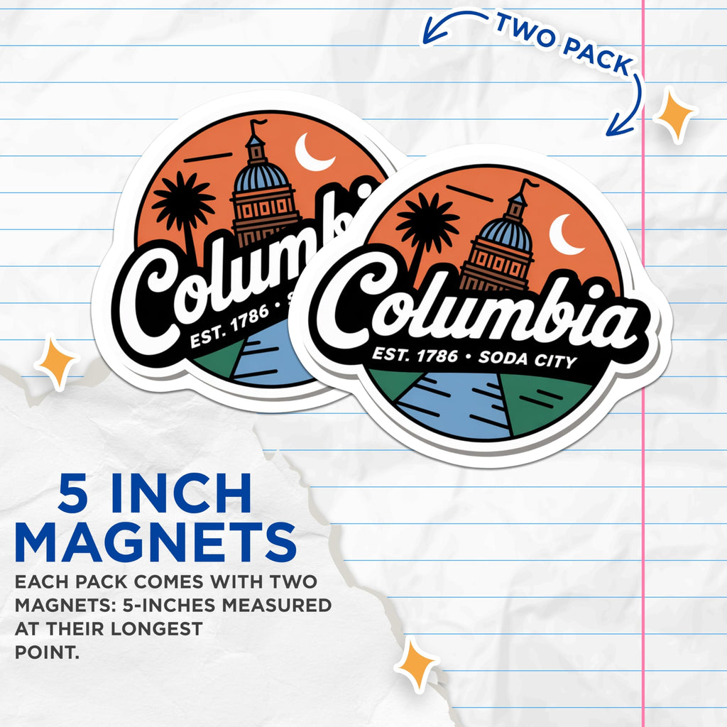 (2 Pack) Columbia SC Magnets - Soda City Souvenir - South Carolina Travel Decor - 5" On Longest Side - Premium Magnet - for Cars, Refrigerators, Toolboxes, Lockers - Made in USA - MAG17239