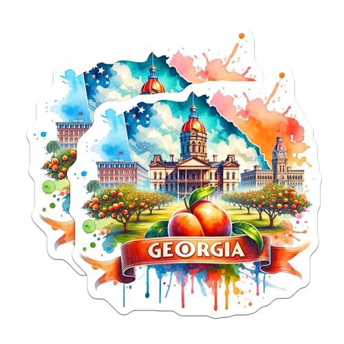 (2 Pack) Georgia State Pride Stickers - Georgia Watercolor Art - Peach State Decal - 5" On Longest Side - Sticks to Smooth Flat Surfaces - Made in USA - BMCS6835