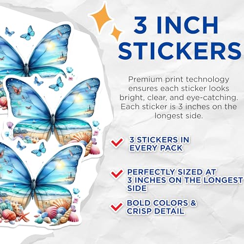 (3 Pack) Butterfly Beach Decals - Ocean Scene - Laptop Decal Art- 3 Inches On Longest Side - Easy Peel & Apply - Made in USA - 3MCS5643