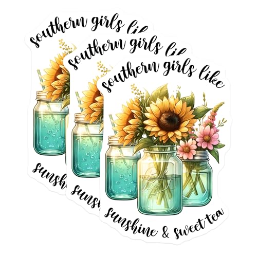 (3 Pack) Southern Girls Decals - Sunflower Mason Jar - Sweet Tea Sunshine Sticker - 3 Inches On Longest Side - Easy Peel & Apply - Made in USA - 3MCS7077