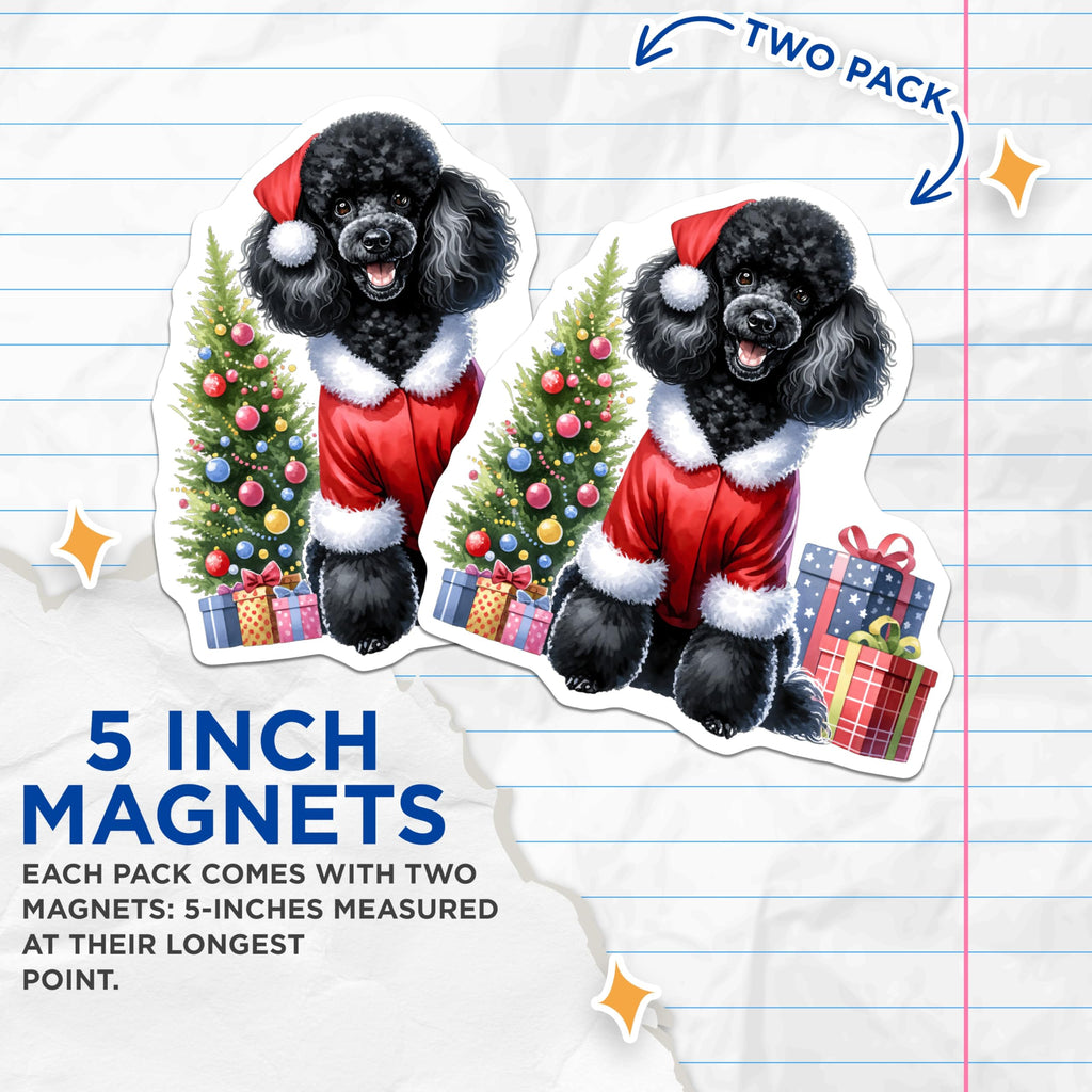 (2 Pack) Black Poodle Christmas Magnets - Santa Dog Holiday Decor - Pet Lover Fridge Accessory - 5 Inches On Longest Side - Thick Durable Magnet - Made in USA - MAG26198