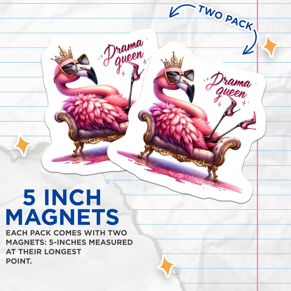 (2 Pack) Drama Queen Flamingo Magnets - Sassy Bird Art - Humorous Refrigerator Decor - 5 Inches On Longest Side - Thick Durable Magnet - Made in USA - MAG22330
