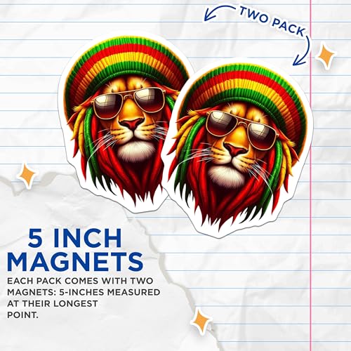 (2 Pack) Rasta Lion Magnets - Cool Reggae Animal - Unique Fridge - Jamaican Vibes - Colorful Lion Head - 5" On Longest Side - for Cars, Fridges, Toolboxes - Made in USA - MAG4385