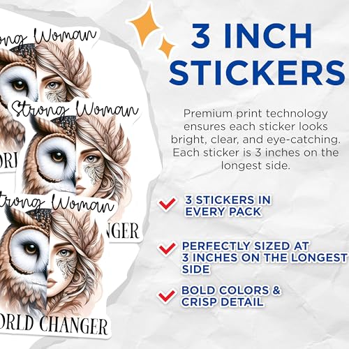(3 Pack) Strong Woman World Changer Decals - Owl Decals - Empowering Woman Laptop Decal - 3 Inches On Longest Side - Easy Peel & Apply - Made in USA - 3MCS7999