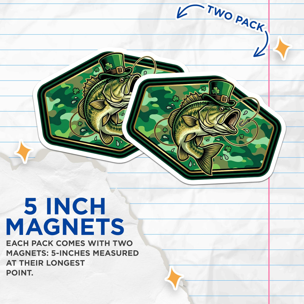(2 Pack) Bass Fishing Magnets - Irish Angler - St Patricks Day Lucky Shamrock Decor - 5" On Longest Side - Premium Magnet - for Cars, Refrigerators, Toolboxes, Lockers - Made in USA - MAG16372