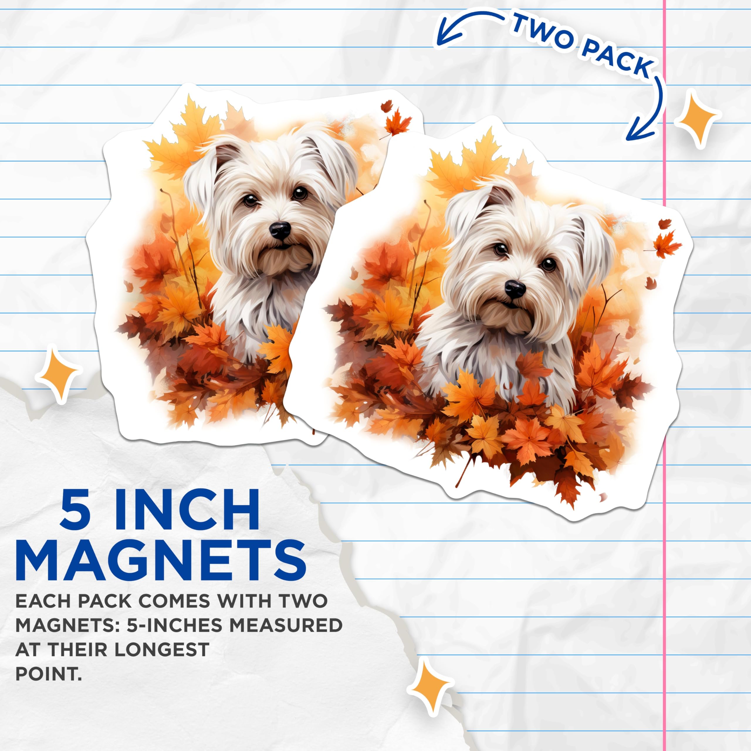 (2 Pack) Cute Dog Magnets - Fluffy White Terrier Autumn Decor - Fall Refrigerator Art - 5 Inches On Longest Side - Thick Durable Magnet - Made in USA - MAG25056
