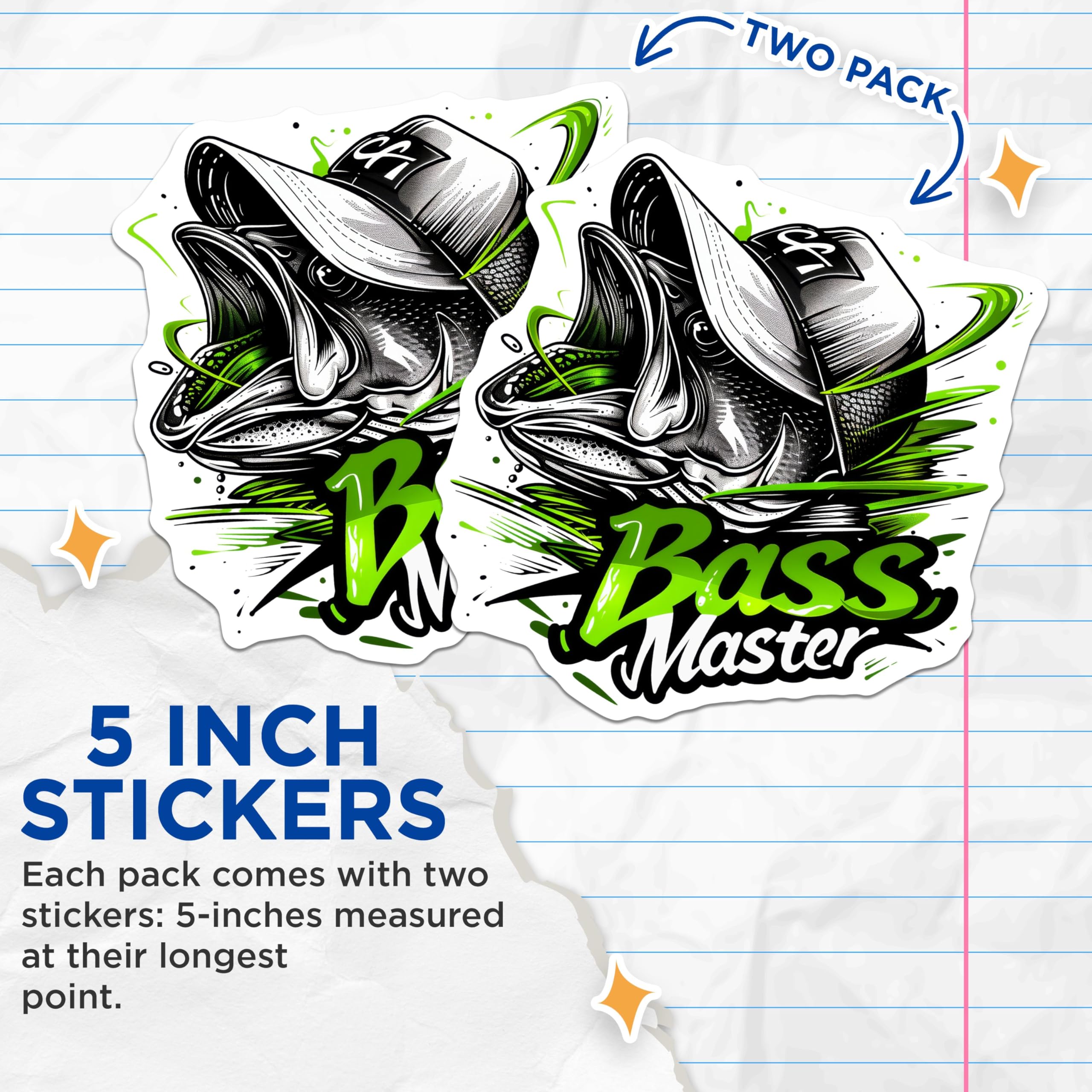 (2 Pack) Bass Master Fishing Stickers - Angler Fish Decal - Fisherman Enthusiast Sticker - 5" On Longest Side - Sticks to Any Smooth Flat Surface - Made in USA - BMCS3357