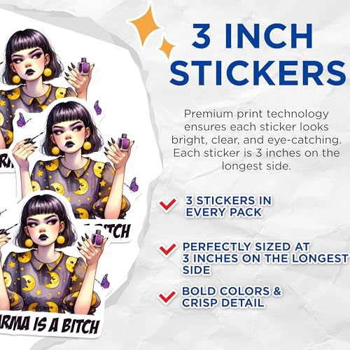 (3 Pack) Karma is A Bitch Decals - Sassy Girl Decor - Emo Laptop Stickers - 3 Inches On Longest Side - Easy Peel & Apply - Made in USA - 3MCS7802