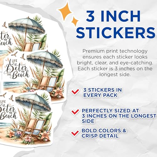 (3 Pack) Beach Life Decals - Summer Vibes - Beach Vacation Decor - 3 Inches On Longest Side - Easy Peel & Apply - Made in USA - 3MCS8067