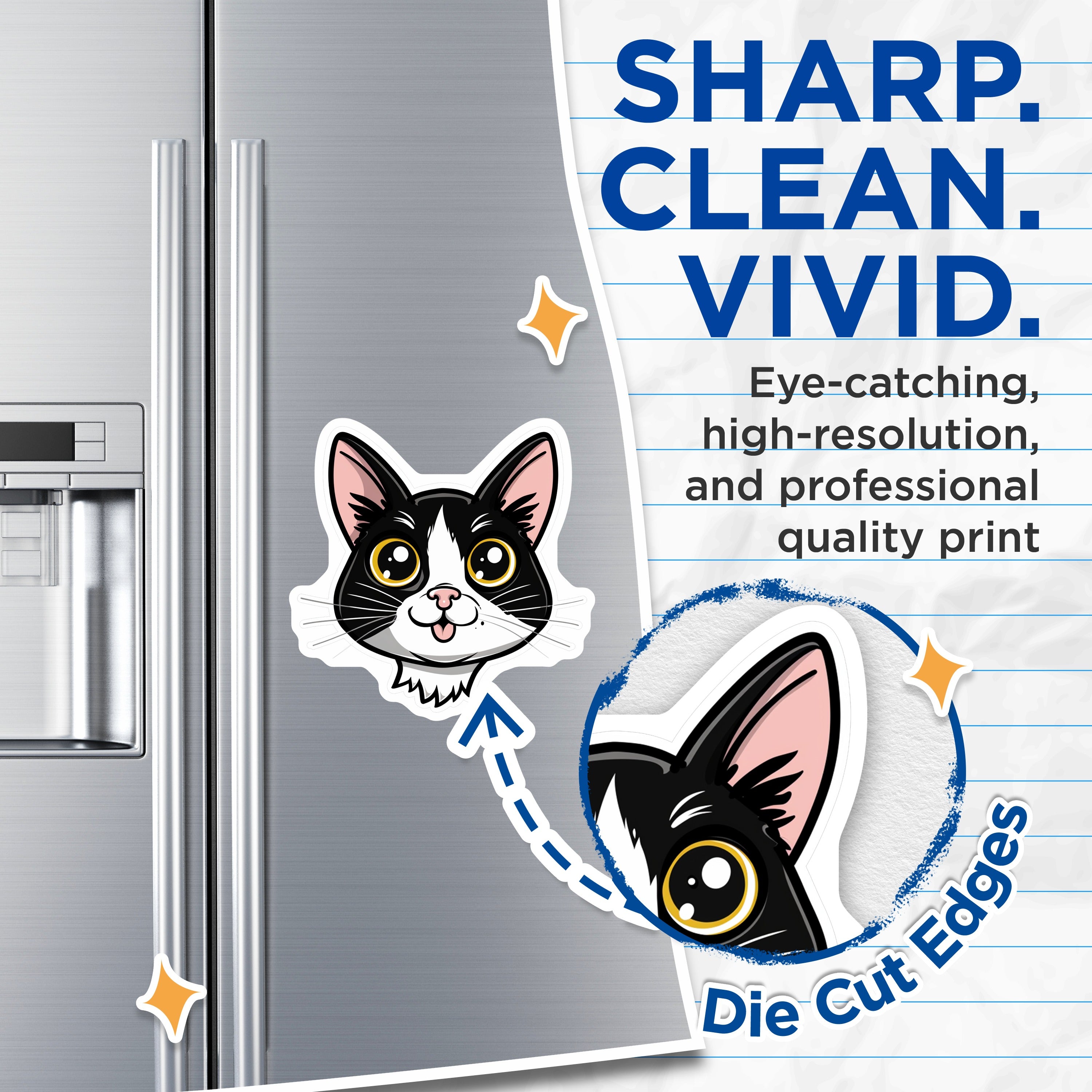 (2 Pack) Cute Cat Magnets - Black White Kitten Face - Kawaii Pet Lover Decor - 5 Inches On Longest Side - Thick Durable Magnet - Made in USA - MAG39308