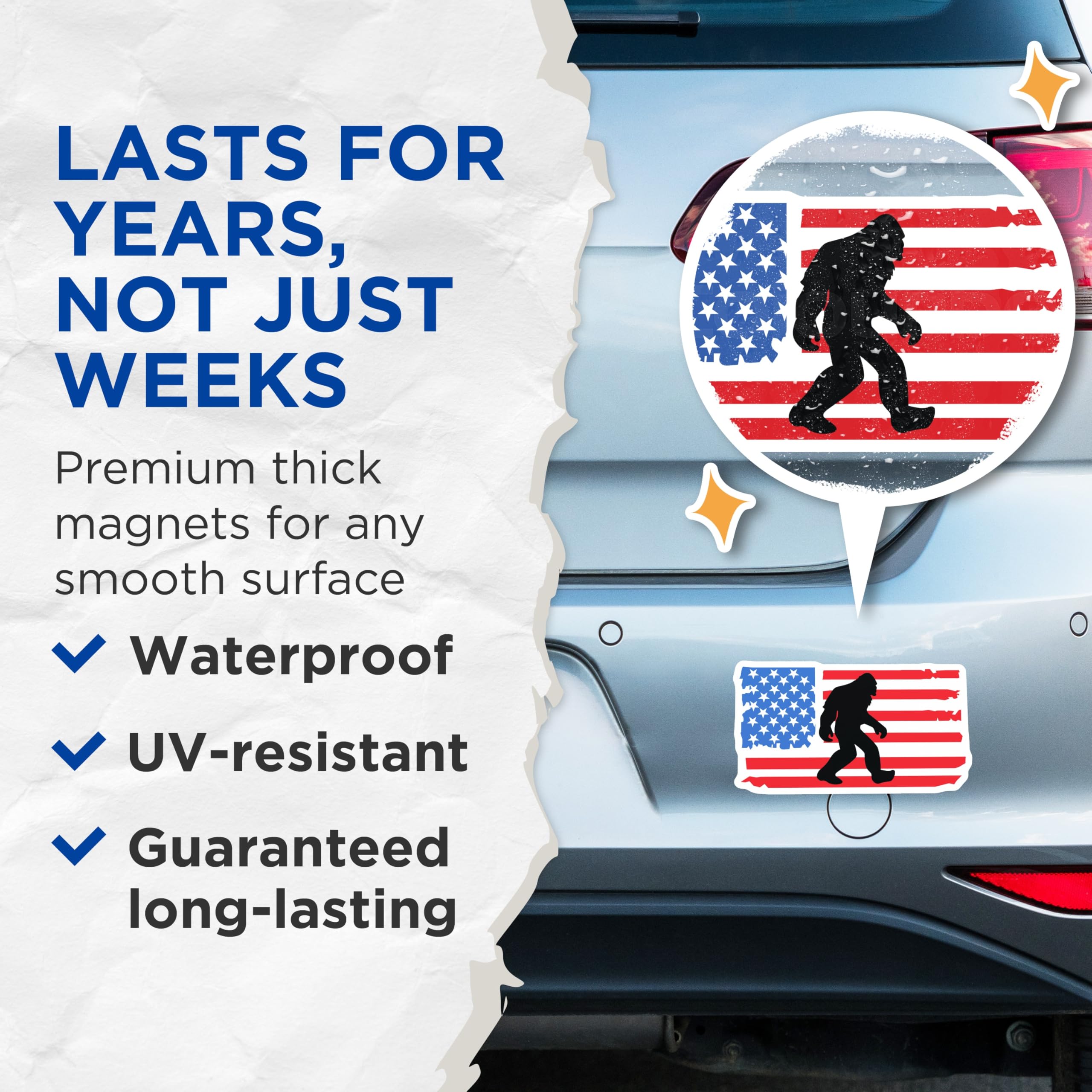 (2 Pack) Bigfoot American Flag Magnets - Patriotic Sasquatch - USA Cryptid Folkloric Art - 5 Inches On Longest Side - Thick Durable Magnet - Made in USA - MAG22338