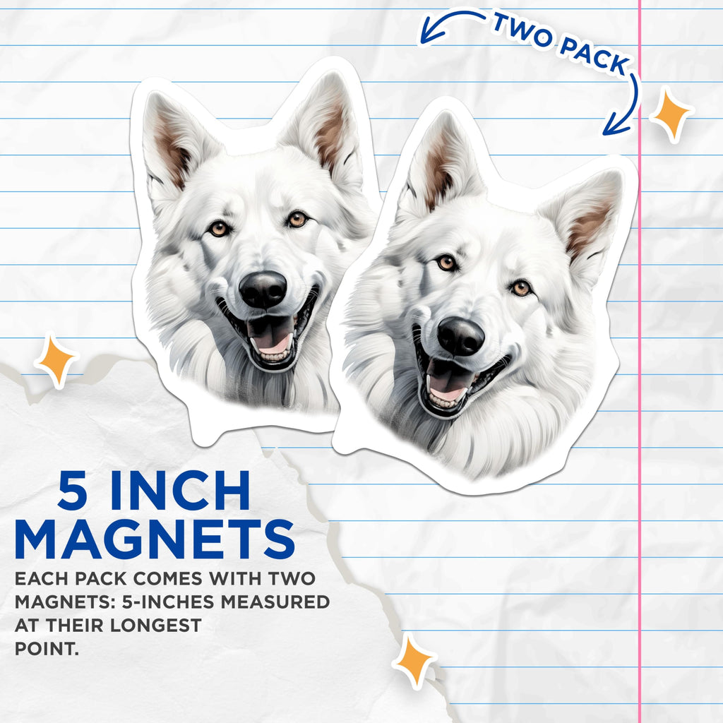 (2 Pack) White German Shepherd Magnets - Dog Breed Lover - Happy Pet Portrait - Refrigerator Decor - 5 Inches On Longest Side - Thick Durable Magnet - Made in USA - MAG29999