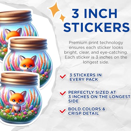 (3 Pack) Fox in Jar Decals - Cute Animal Sticker - Floral Decoration - 3 Inches On Longest Side - Easy Peel & Apply - Made in USA - 3MCS8119