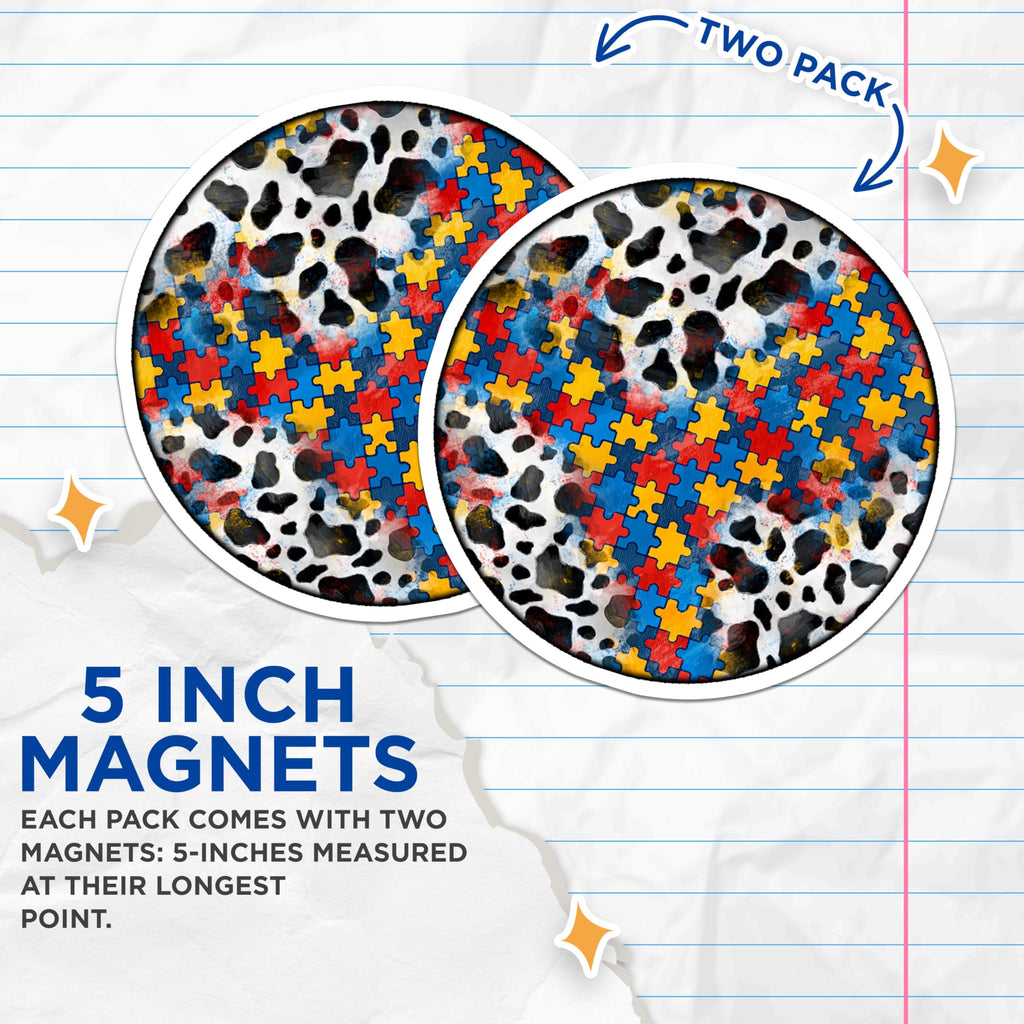 (2 Pack) Autism Awareness Magnets - Neurodiversity Support Decor - Grunge Cow Print Advocacy Item - 5 Inches On Longest Side - Thick Durable Magnet - Made in USA - MAG25090