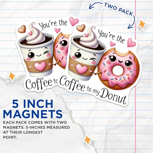 (2 Pack) Cute Coffee Donut Magnets - Sweet Love Magnets - Adorable Kitchen Decor Magnets - Fun Fridge Magnets - 5" On Longest Side - for Cars, Refrigerators, Toolboxes, Lockers - Made in USA BMCS3395