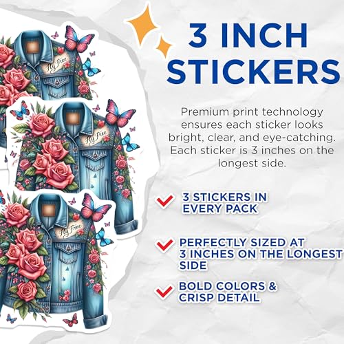 (3 Pack) Denim Jacket Decals - Floral Rose Design - Butterfly Laptop Stickers - 3 Inches On Longest Side - Easy Peel & Apply - Made in USA - 3MCS7641