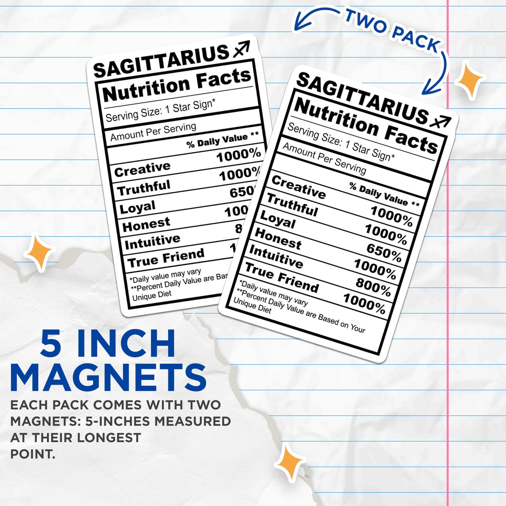 (2 Pack) Sagittarius Magnets - Zodiac Nutrition Facts - Star Sign Horoscope Magnets - 5" On Longest Side - Premium Magnet - for Cars, Refrigerators, Toolboxes, Lockers - Made in USA - MAG14823