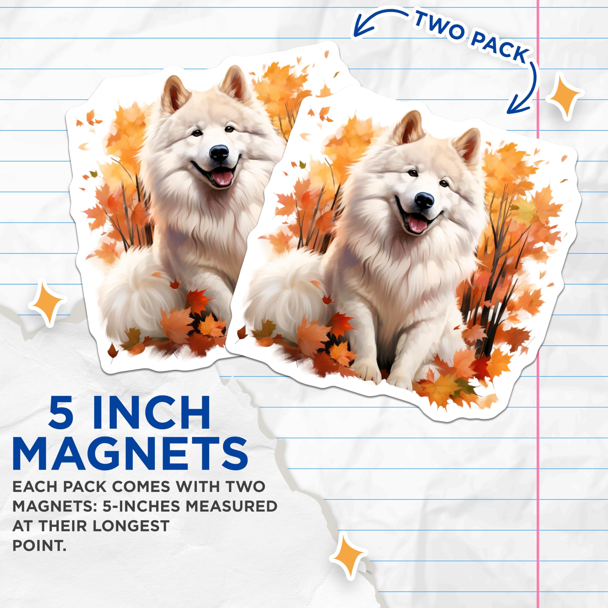 (2 Pack) Samoyed Dog Magnets - White Fluffy Dog Magnets - Autumn Fall Decor Magnets - 5 Inches On Longest Side - Thick Durable Magnet - Made in USA - MAG26082