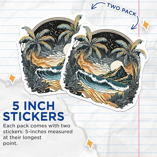 (2 Pack) Tropical Palm Trees Stickers - Mountain Beach Art - Sunset Ocean Scene - 5" On Longest Side - Sticks to Smooth Flat Surfaces - Made in USA - BMCS9257