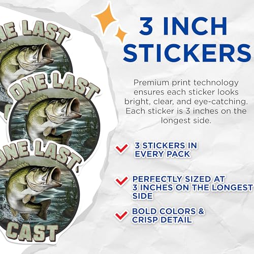 (3 Pack) Bass Fishing Decals - One Last Cast - Laptop Decal - 3 Inches On Longest Side - Easy Peel & Apply - Made in USA - 3MCS0954