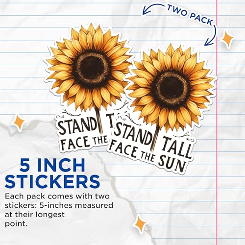 (2 Pack) Inspirational Sunflower Stickers - Stand Tall Face The Sun Stickers - Uplifting Motivational Stickers - 5" On Longest Side - Sticks to Any Smooth Flat Surface - Made in USA - BMCS3033