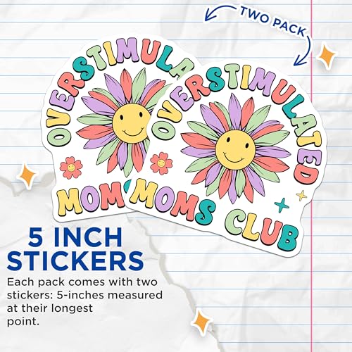 (2 Pack) Overstimulated Moms Club Stickers - Mom Life Sticker - Colorful Flower Sticker - 5" On Longest Side - Sticks to Smooth Flat Surfaces - Made in USA - BMCS9027