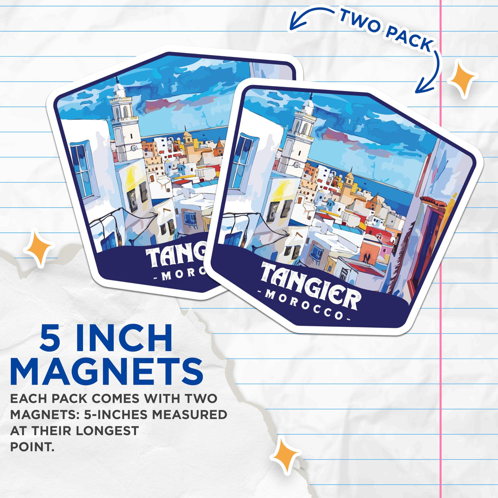 (2 Pack) Tangier Morocco Magnets - Moroccan Cityscape Art - North African Travel Souvenir - Mediterranean View Decor - 5 Inches On Longest Side - Thick Durable Magnet - Made in USA - MAG19514