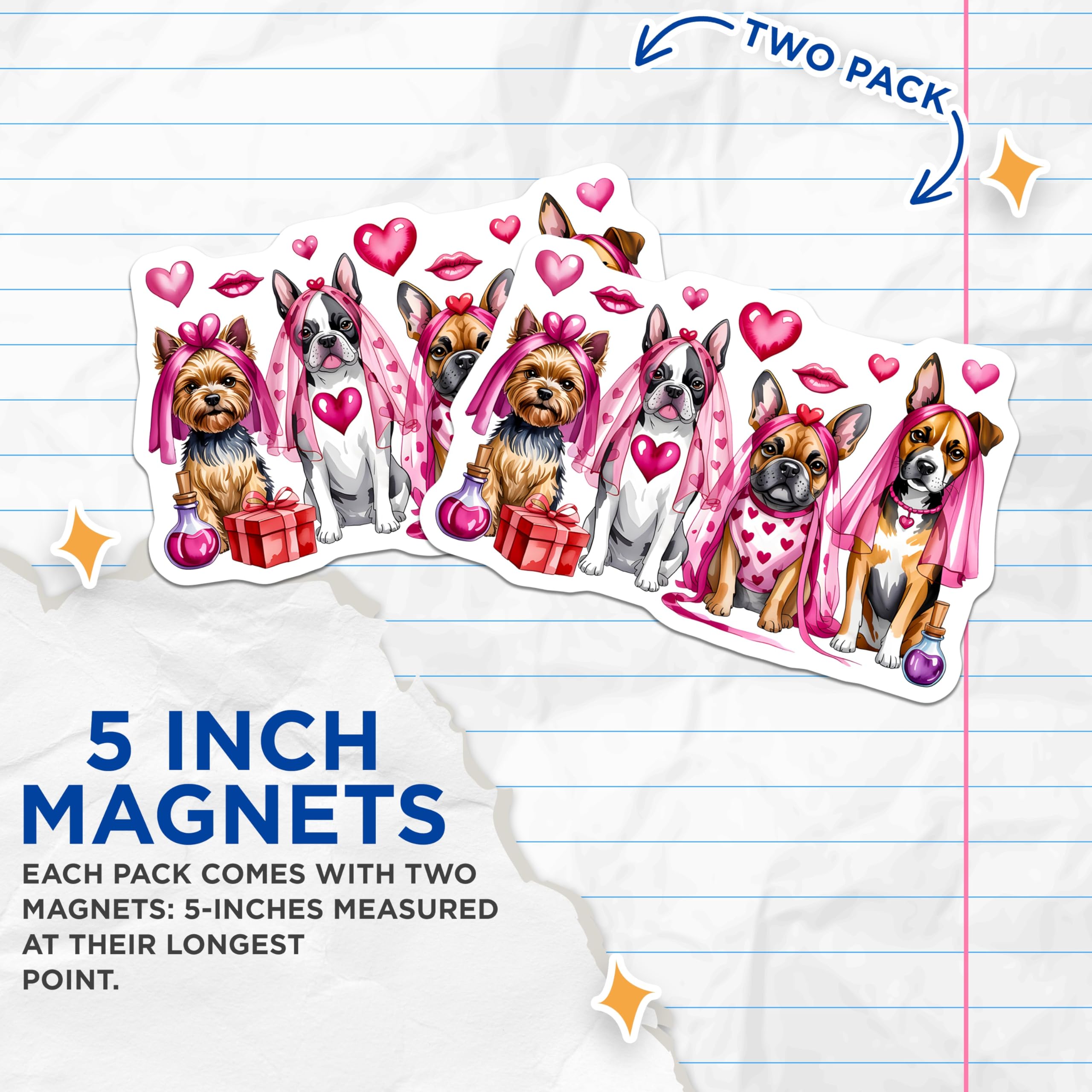 (2 Pack) Cute Dog Magnets - Valentine Dogs - Puppy Love Decor - Pet Lover Fridge Accessories - Romantic Animal Art - 5 Inches On Longest Side - Thick Durable Magnet - Made in USA - MAG25257