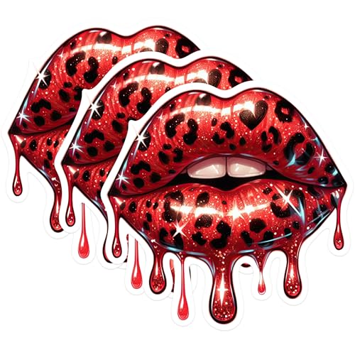 (3 Pack) Leopard Lips Decals - Red Glitter Decal - Dripping Lips Decal - 3 Inches On Longest Side - Easy Peel & Apply - Made in USA - 3MCS0580