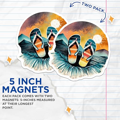(2 Pack) Flip Flop Beach Scene Magnets Magnets - Ocean Sunset - 5" On Longest Side - Made in USA - Sticks to Refrigerators & Metal Surfaces - MAG9311
