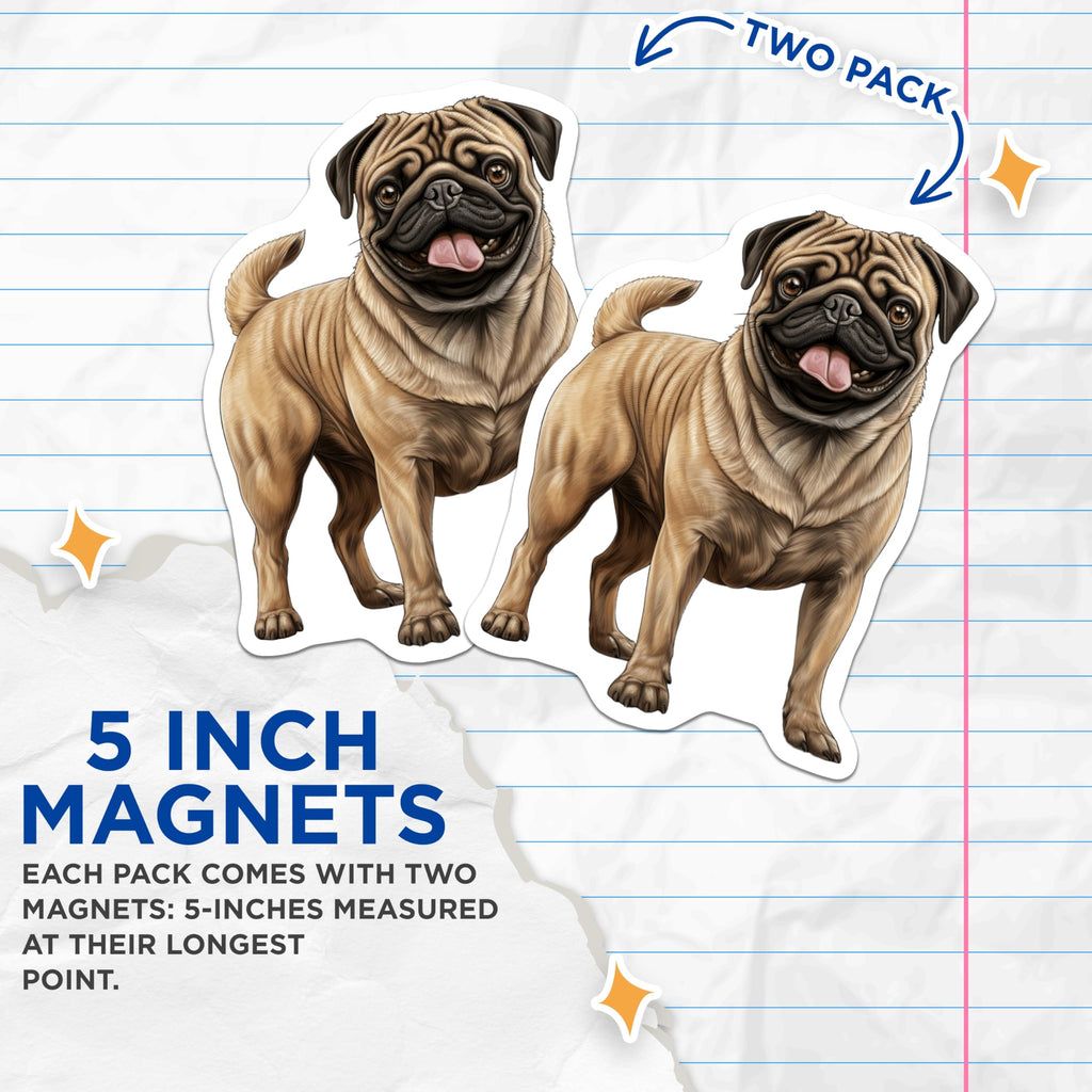 (2 Pack) Fawn Pug Dog Magnets - Happy Pug Lover Decor - Cute Animal Illustration Refrigerator Magnet - 5 Inches On Longest Side - Thick Durable Magnet - Made in USA - MAG27840