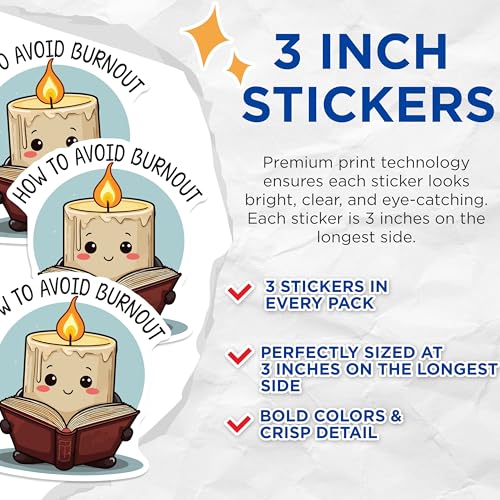 (3 Pack) Avoid Burnout Decals - Reading Candle - Laptop Decals - 3 Inches On Longest Side - Easy Peel & Apply - Made in USA - 3MCS4854