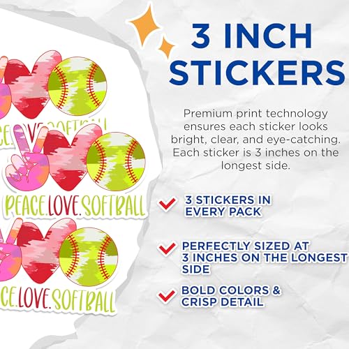 (3 Pack) Softball Decals - Peace Love Softball - Laptop Decals - 3 Inches On Longest Side - Easy Peel & Apply - Made in USA - 3MCS1213