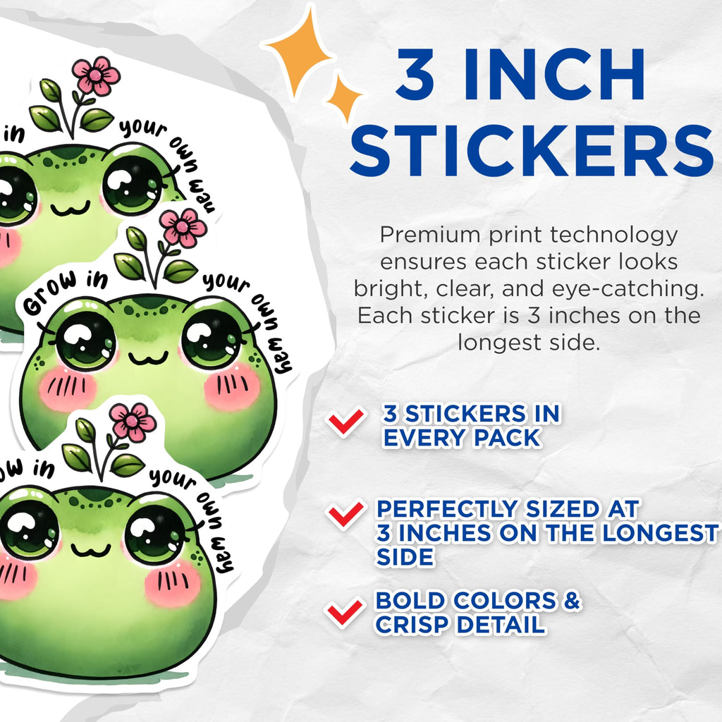 (3 Pack) Frog Decals - Grow in Your Own Way Decal - Cute Laptop Decals - 3 Inches On Longest Side - Easy Peel & Apply - Made in USA - 3MCS6284