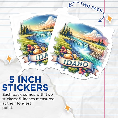 (2 Pack) Idaho Scenic Stickers - Nature View Stickers - Travel Souvenir Stickers - 5" On Longest Side - Sticks to Smooth Flat Surfaces - Made in USA - BMCS6930