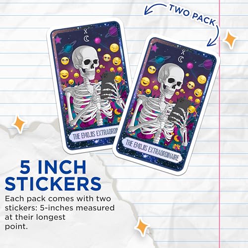(2 Pack) Skeleton Emoji Stickers - Funny Skull Sticker - Celestial Skeleton Decor - 5" On Longest Side - Sticks to Smooth Flat Surfaces - Made in USA - BMCS9996