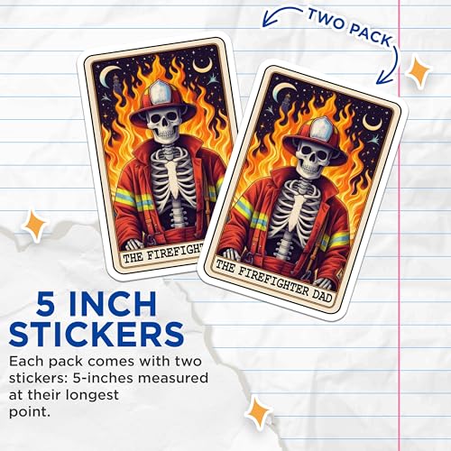 (2 Pack) Firefighter Dad Stickers - Skeleton Fireman - Funny Firefighter Decor - 5" On Longest Side - Sticks to Smooth Flat Surfaces - Made in USA - BMCS5408