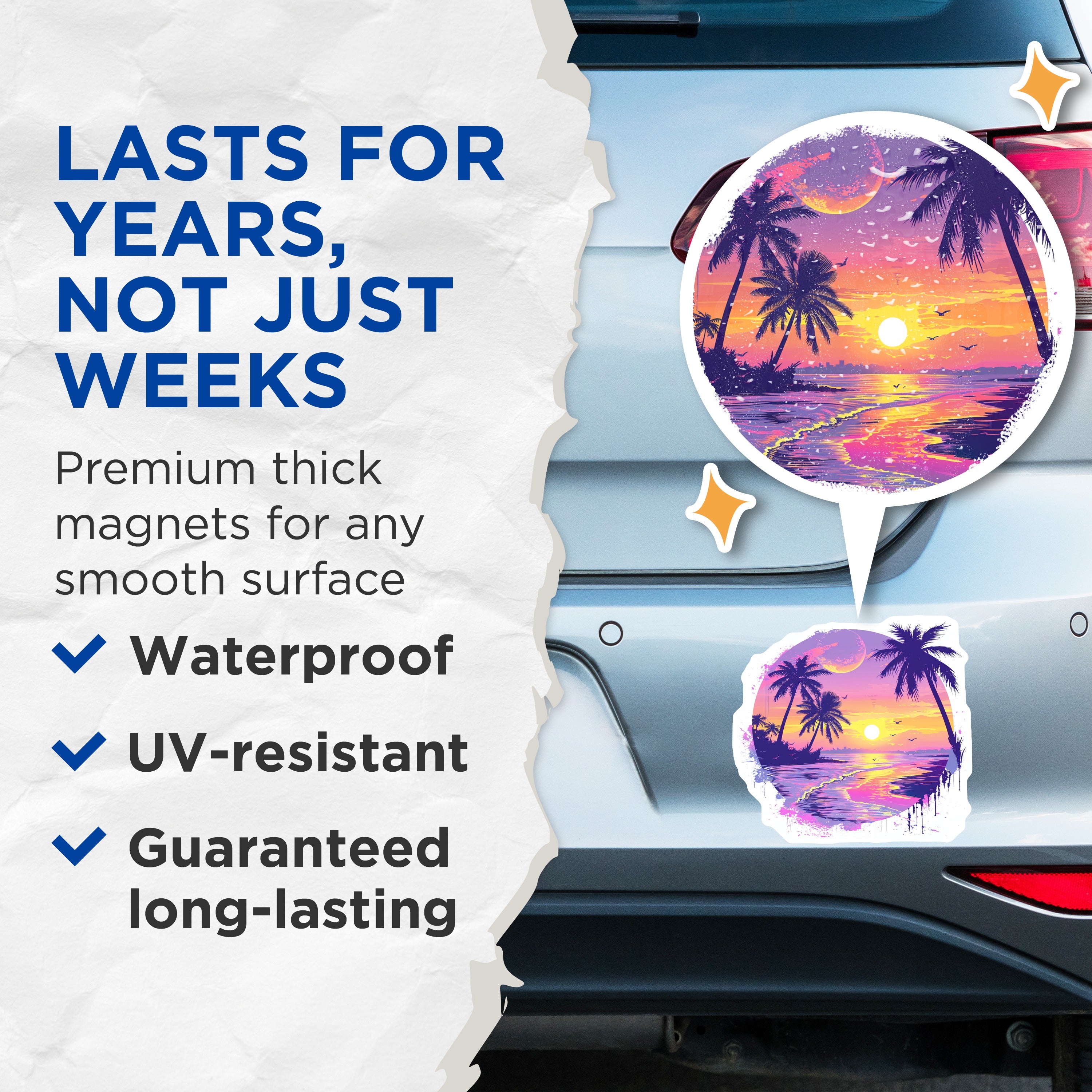 (2 Pack) Synthwave Beach Magnets - Retro Sunset Palm Tree - Vaporwave Ocean Waves Fridge - 5 Inches On Longest Side - Thick Durable Magnet - Made in USA - MAG36511