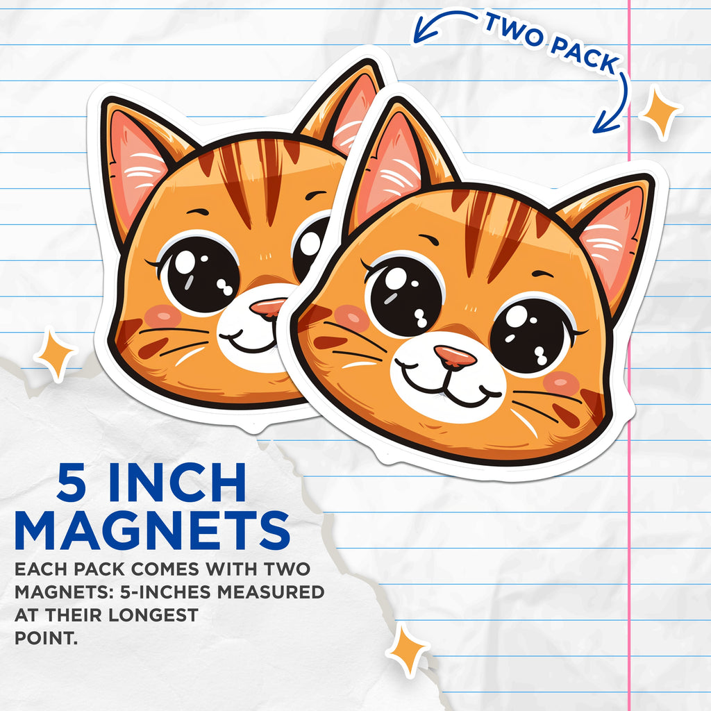 (2 Pack) Cute Cat Head Magnets - Kawaii Kitten Decor - Pet Lover Refrigerator Accessory - 5 Inches On Longest Side - Thick Durable Magnet - Made in USA - MAG36092