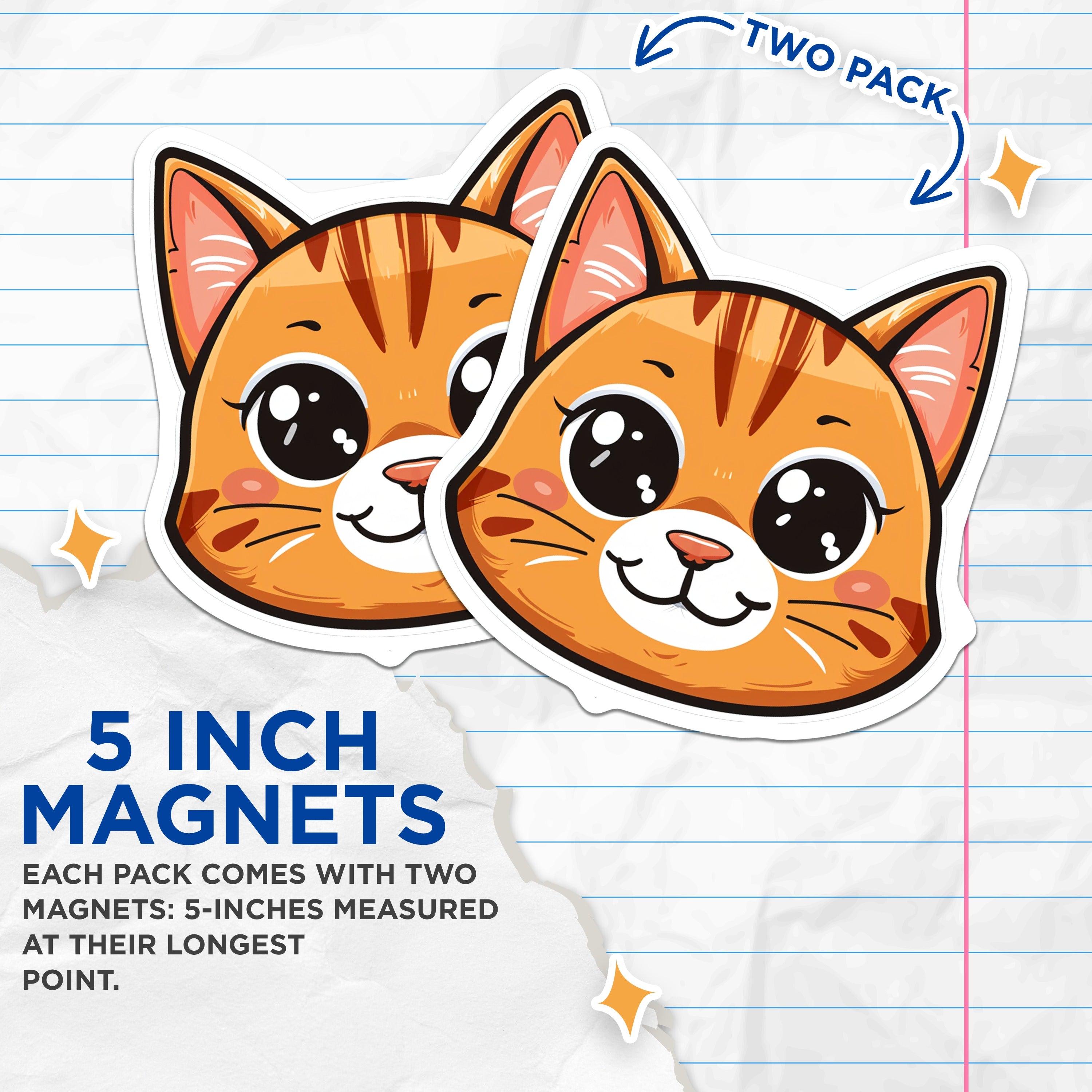 (2 Pack) Cute Cat Head Magnets - Kawaii Kitten Decor - Pet Lover Refrigerator Accessory - 5 Inches On Longest Side - Thick Durable Magnet - Made in USA - MAG36092