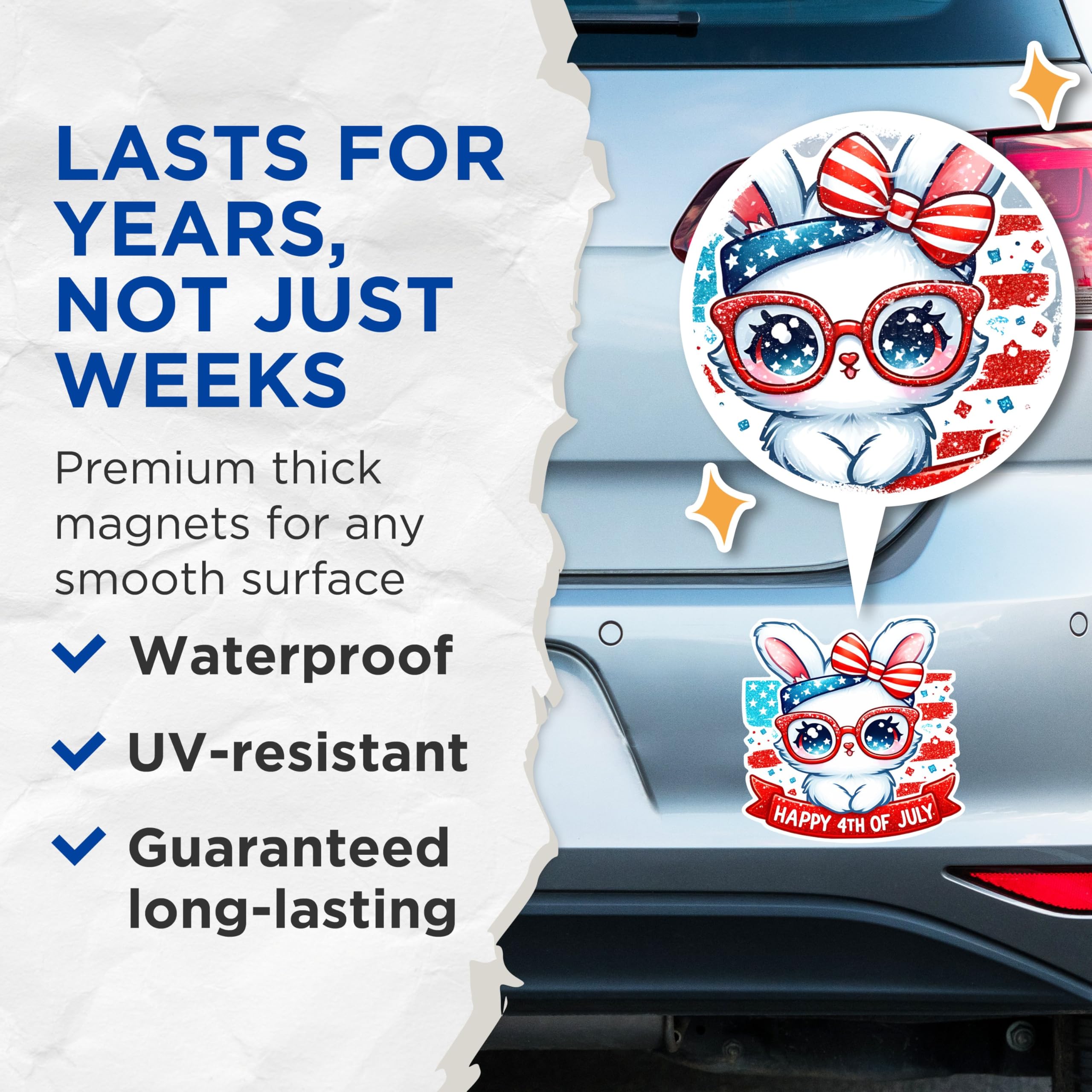 (2 Pack) Happy 4th of July Bunny Magnets - Patriotic Rabbit Magnets - Independence Day Holiday Magnets- 5" On Longest Side - for Fridges, Toolboxes, Cars - Made in USA - MAG2706