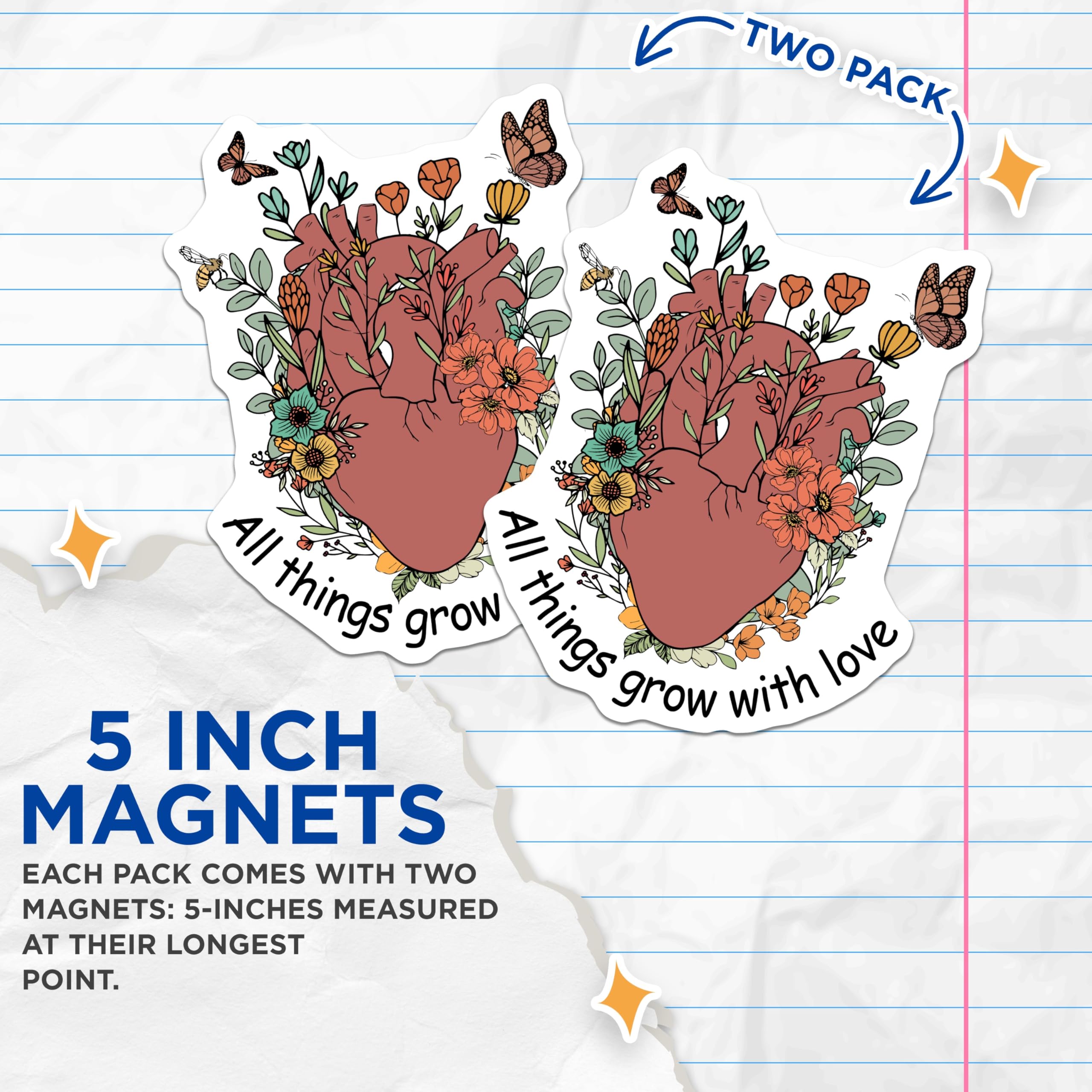 (2 Pack) Anatomical Heart Magnets - Floral Growth with Love Quote - Butterfly Bee Botanical Nature Art Decor - 5 Inches On Longest Side - Thick Durable Magnet - Made in USA - MAG19421