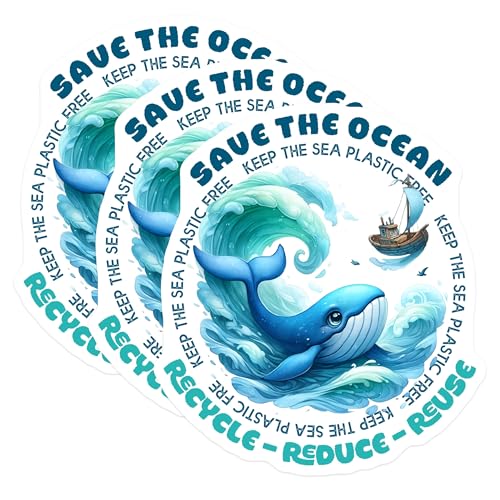(3 Pack) Save Ocean Decals - Whale Laptop Decals - Plastic Free Sea Art - 3 Inches On Longest Side - Easy Peel & Apply - Made in USA - 3MCS6719